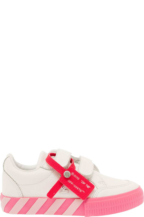 White Low Top Velcro Sneakers With Zip Tie Logo Detail In Leather Girl