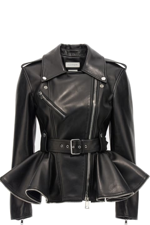 Alexander McQueen Coats & Jackets for Women Alexander McQueen Biker Jacket With Peplum Hem And Belt