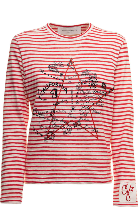 White And Red Striped Long Sleeved T-shirt With Print Golden Goose Woman