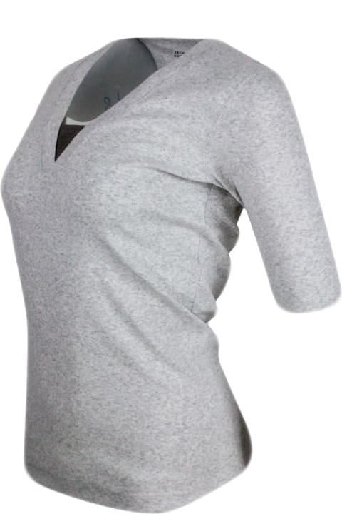 ウィメンズ新着アイテム Brunello Cucinelli Long-sleeved V-neck T-shirt In Ribbed Stretch Cotton With Monili Triangle On The Neckline