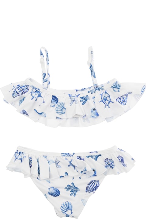 Monnalisa Swimwear for Girls Monnalisa White And Blue Bikini With Graphic Print In Technical Fabric Girl