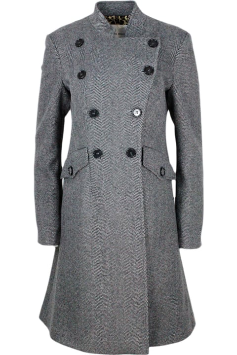 Double-breasted Wool Blend Coat With Herringbone Pattern, Mandarin Collar And Flap Pockets
