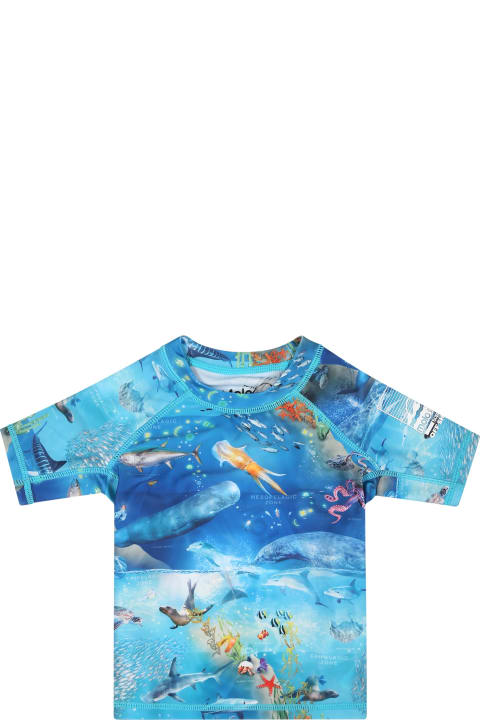 ボーイズ Moloの水着 Molo Light Blue T-shirt For Baby Boy With Marine Animals