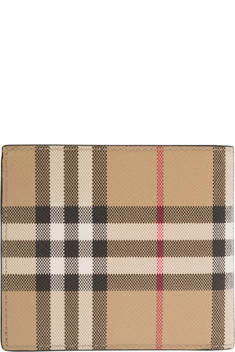 Brown Bi-fold Wallet With Vintage Check Motif All-over In Cotton Blend