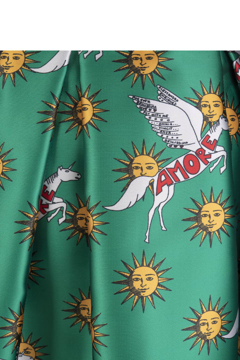 Long Green Bell Skirt With All-over "sun" Print