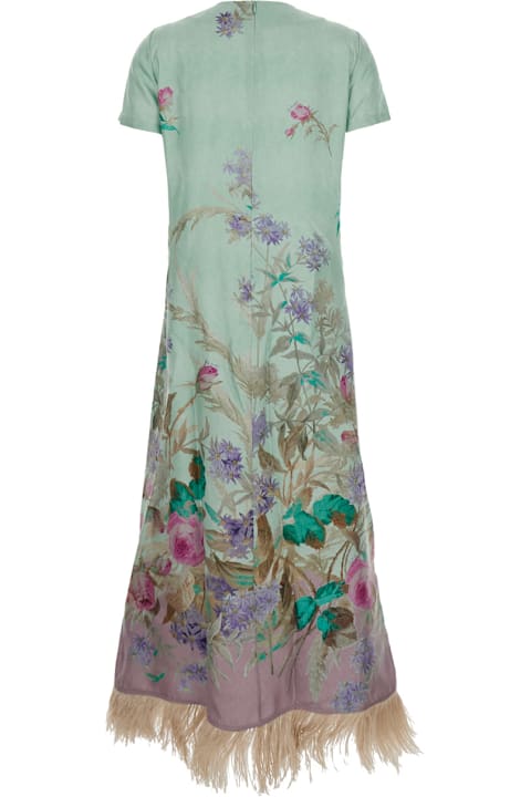 La DoubleJ for Women La DoubleJ 'swing' Green Midi Dress With Feathered Hem And All-over Floral Print In Silk Woman