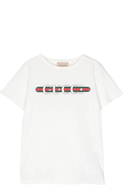 Gucci Topwear for Boys Gucci White T-shirt With Logo Print And Web In Jersey Boy