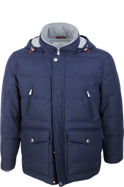 Coats & Jackets for Men Brunello Cucinelli Down Jacket In Wool, Silk And Cashmere Padded With Fine Goose Down With Detachable Hood And Front Pockets