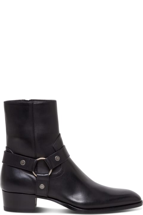 Black Leather Boots With Double Chain Strap Man Saint Laurent