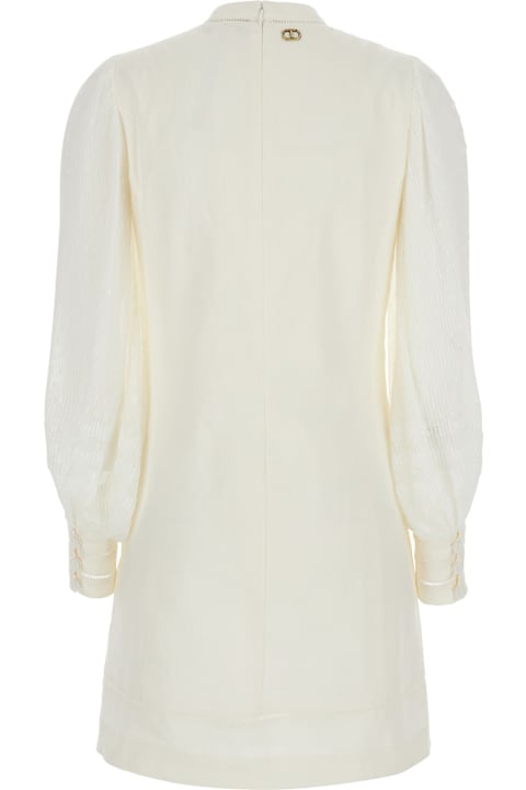 Homeware TwinSet White Dress With Logo Plaque On The Back And Openwork Detail On The Cuffs In Linen And Cotton Blend Woman