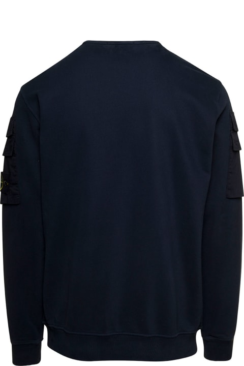 Blue Crewneck Sweatshirt With Pockets On Sleeves And Logo Patch In Cotton Man