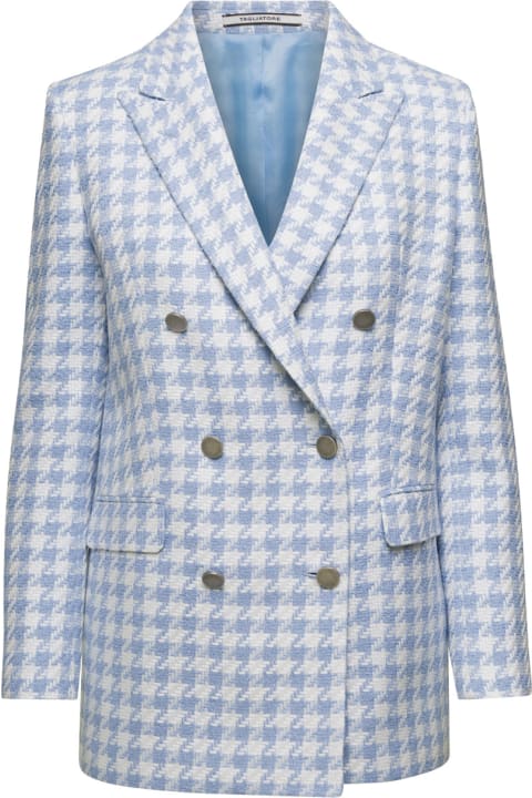 Tagliatore Coats & Jackets for Women Tagliatore Light Blue Houndstooth Double-breasted Blazer In Linen Blend Woman