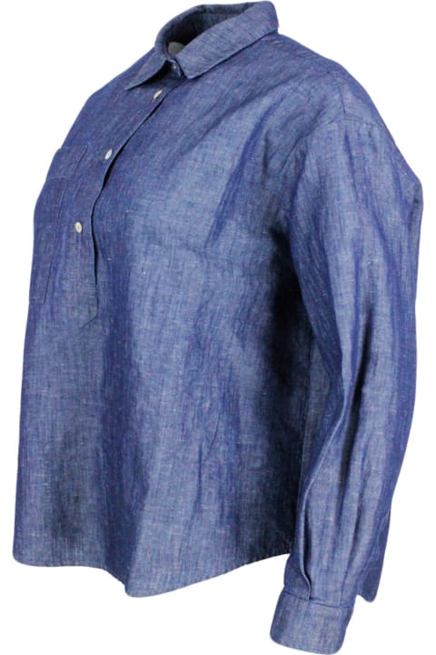 ウィメンズ Barba Napoliのウェア Barba Napoli Lightweight Denim-effect Pull-on Shirt In Linen Cotton With Four Buttons And Chest Pocket