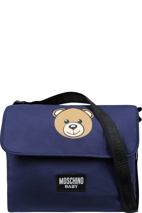 Fashion for Baby Girls Moschino Blue Mother Bag For Babies With Teddy Bear And Logo