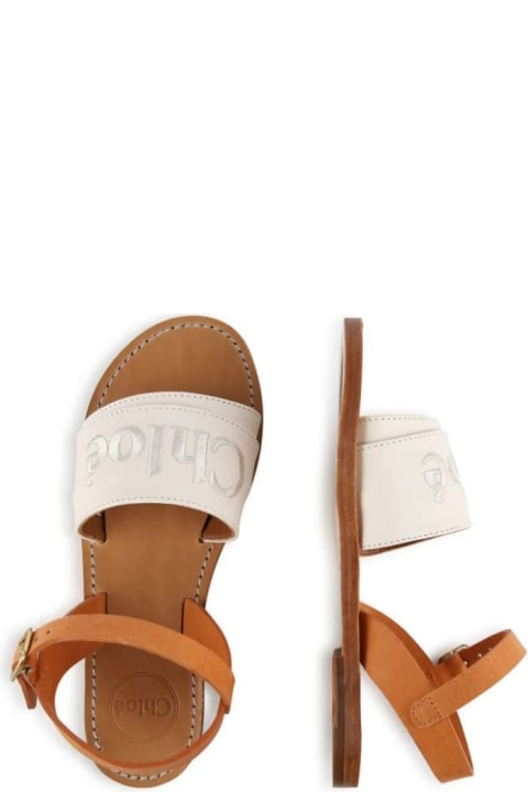 Chloé Shoes for Baby Girls Chloé Cream And Brown Leather Sandals With Embroidered Logo