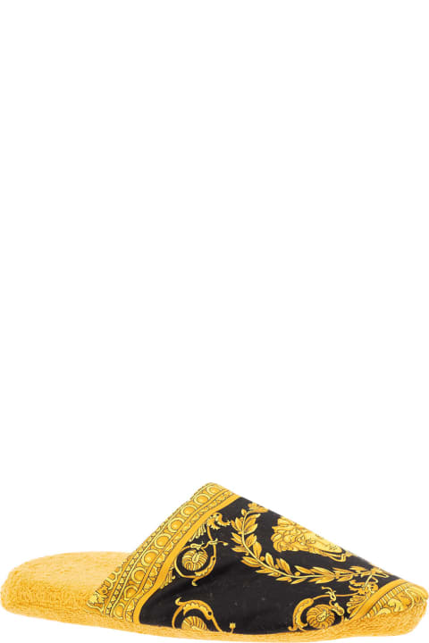 Homeware Versace Ciabatte Da Casa Nere E Oro In Cotone E Spugna Con Stampa Barocca