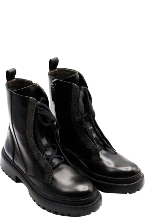 ウィメンズ Brunello Cucinelliのブーツ Brunello Cucinelli Amphibious Ankle Boot In Leather With Side Zip And Jewels On The Side Band Of The Laces