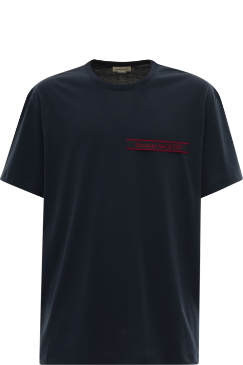 Blue Crewneck T-shirt With Logo In Jersey Man Alexander Mcqueen
