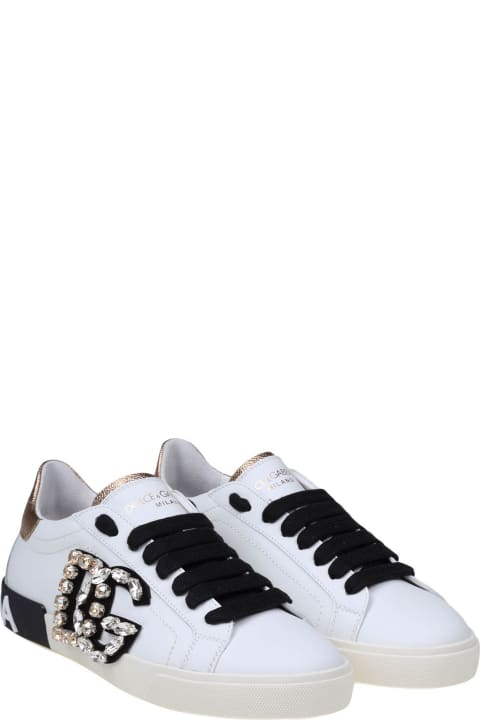 Low Sneakers In White Calfskin With Applied Rhinestone