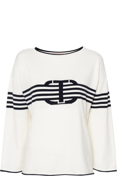 TwinSet for Women TwinSet Long Sleeves Boat Neck Striped Sweater With Logo