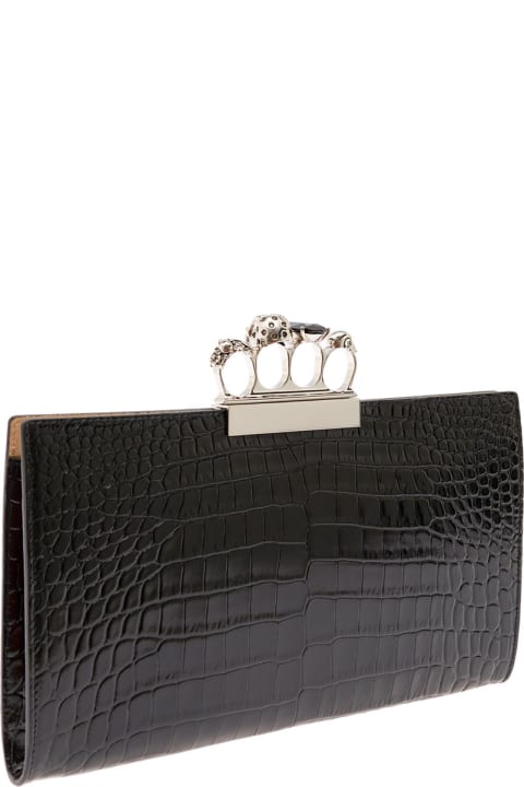Black Crocodile Printed Leather Pouch With Fuor Ring Detail Alexander Mcqueen Woman
