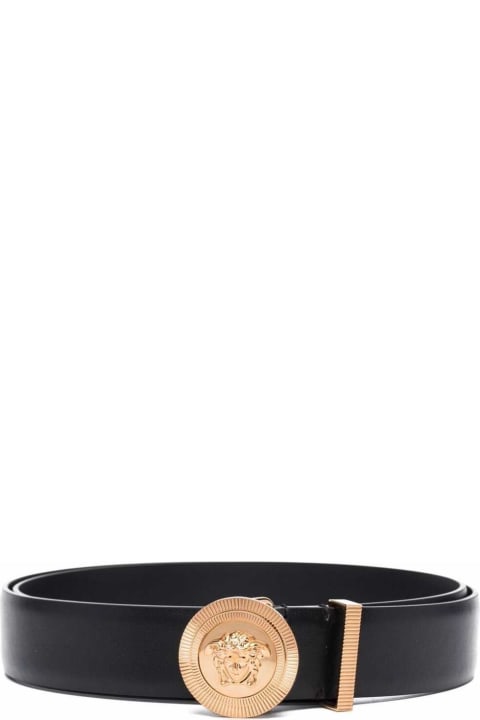 Black Leather Belt Wiht Medusa Buckle Logo Buckle