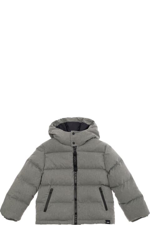 Grey Hooded Down Jacket With Logo Patch In Tech Fabric Boy