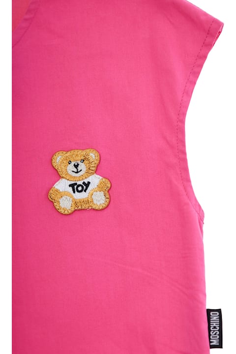 Homeware Moschino Pink Flounced Dress With Teddy Bear Patch In Stretch Cotton Girl