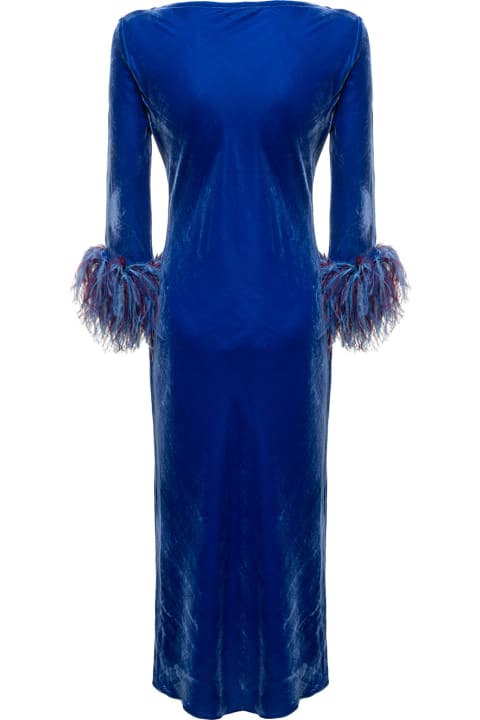 Electric Blue Dress In Velor With Feathers On The Sleeve Bottom Stephan Janson Woman
