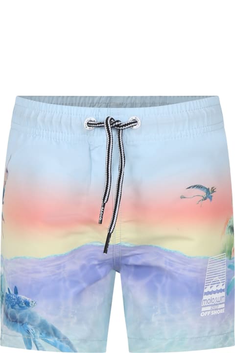 Molo Swimwear for Boys Molo Light Blue Swim Shorts For Boy With Dinosaur Print