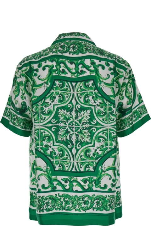 Dolce & Gabbana Sale for Men Dolce & Gabbana 'palermo' Green And White Bowling Shirt With Majolica Print In Silk Man