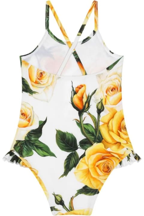 Dolce & Gabbanaのベビーガールズ Dolce & Gabbana White One-piece Swimwear With Yellow Rose Print