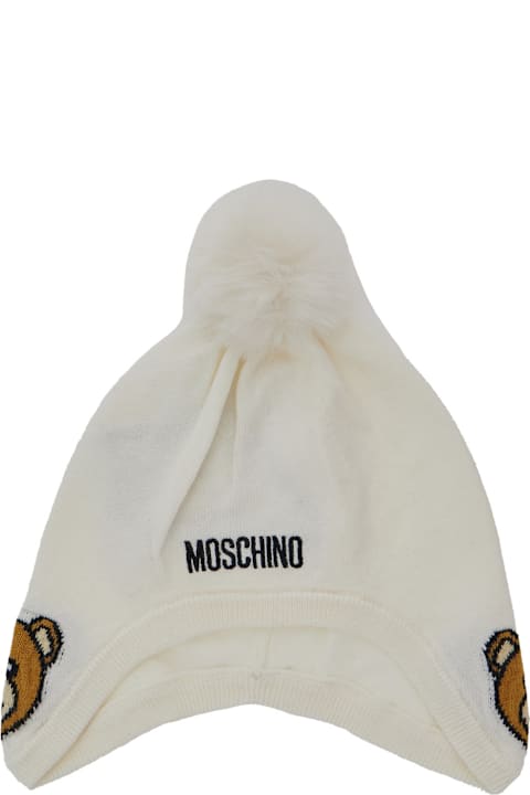 Moschino Accessories & Gifts for Baby Boys Moschino White Ribbed Hat With Pom-pom In Cotton And Wool Blend Baby