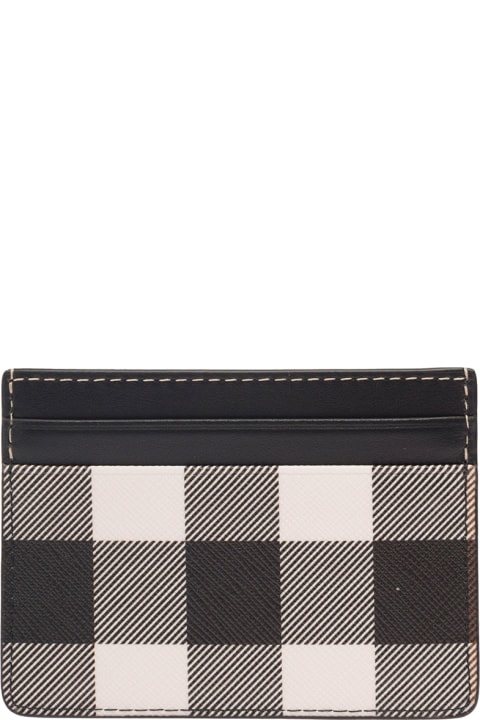 Black And White Card-holder With Check Motif And Logo Lettering In Leather Man