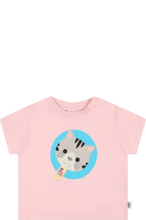 GCDS Mini T-Shirts & Polo Shirts for Baby Boys GCDS Mini Pink T-shirt For Baby Girl With Kitten