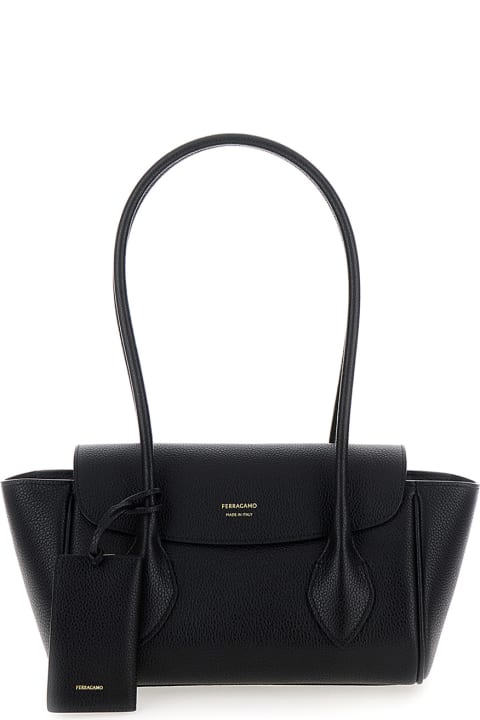 Fashion for Women Ferragamo 'east-west S' Black Handbag With Logo Detail In Hammered Leather Woman