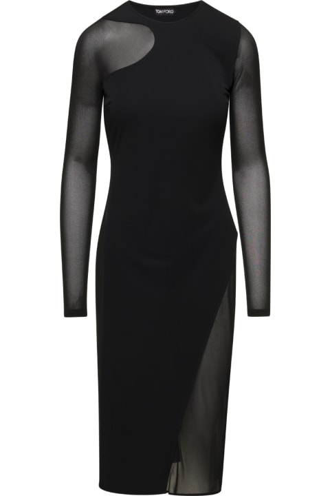 Black Midi Sheath Dress With Asymmetric Semi Sheer Inserts In Viscose Woman Tom Ford