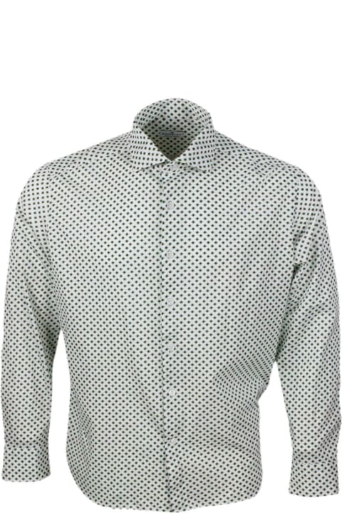 Sonrisa Shirts for Men Sonrisa Luxury Shirt In Soft, Precious And Very Fine Stretch Cotton Flower With French Collar In A Small Four-leaf Clover Micro-pattern Print