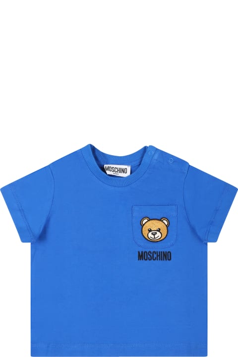 Topwear for Baby Girls Moschino Blue T-shirt For Baby Boy With Teddy Bear And Logo