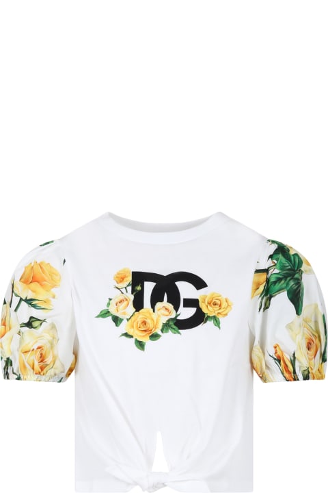 White T-shirt For Girl With Flowering Pattern