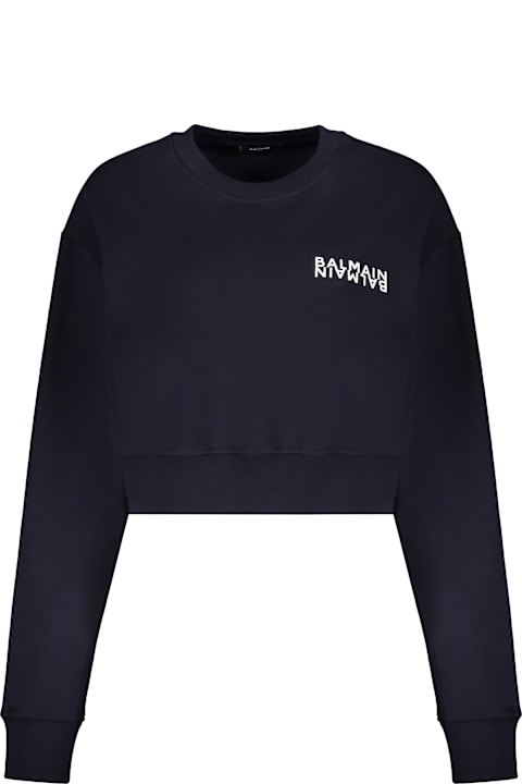 Balmain Dark Blue Crop Sweatshirt With Logo