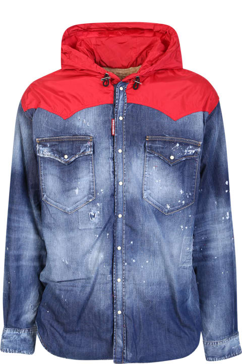 Dsquared2 Coats & Jackets for Men Dsquared2 Dsquared2 Blue Denim Hoodie Nylon Shirt Jacket