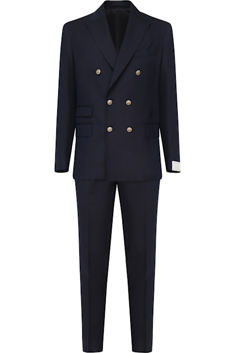 Eleventy for Kids Eleventy Blue Double-breasted Suit With Peak Revers And Jewel Buttons In Wool Stretch Man