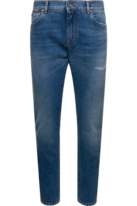 Light Blue Five-pockets Slim Jeans With Logo Plaque In Stretch Cotton Denim Man