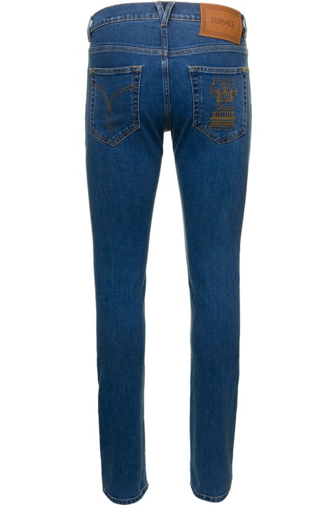 Blue Fitted Jeans With Logo Embroidered And Botton In Cotton Blend Denim Woman