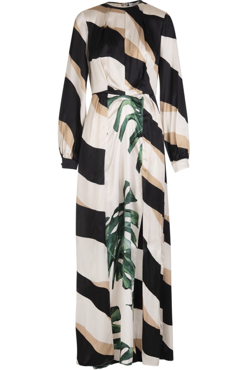 Long Printed Silk Dress With Monstera Deliciosa Detail