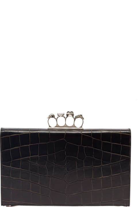 メンズ バッグのセール Alexander McQueen Clutch With Four Ring Detail In Croco Printed Leather