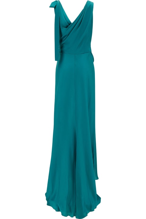 Dresses for Women Alberta Ferretti Blue Long Draped Dress With V Neckline In Satin Woman