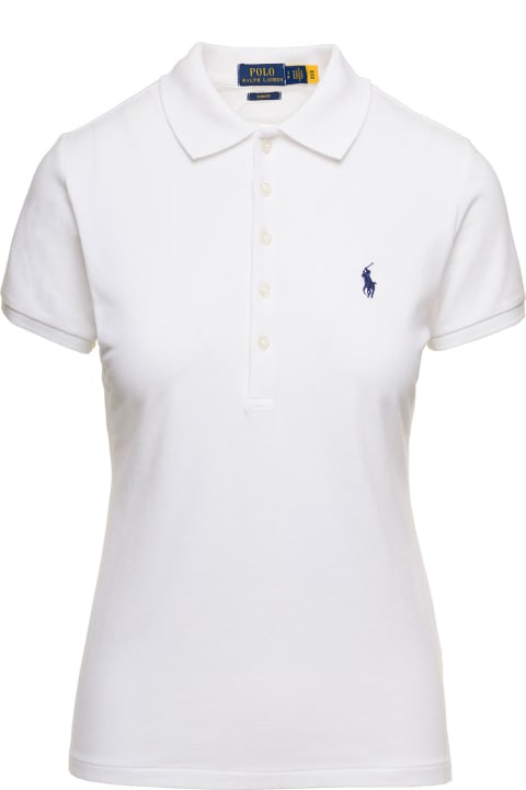 White Slim Polo Shirt With Contrasting Logo Embroidery In Stretch Cotton Woman