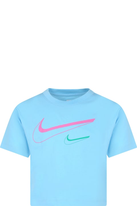 Nike قمصان بياقة دائرية وقمصان البولو لـ بنات Nike Light Blue T-shirt For Girl With Swoosh